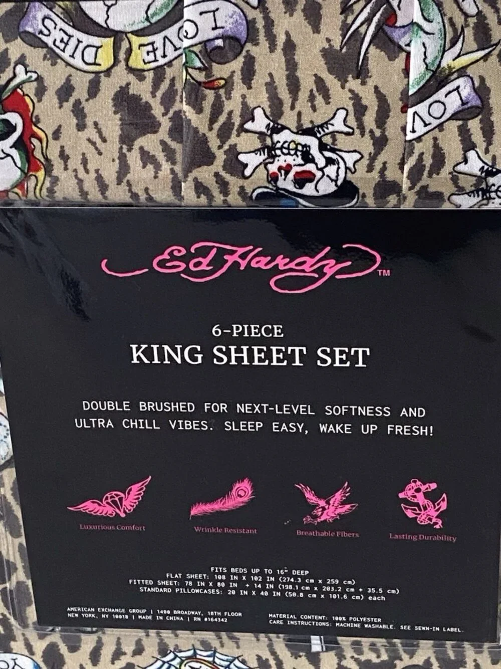6 PC Ed Hardy KING SIZE‎ Sheet Set Skulls Heart Leopard Animal Print NEW